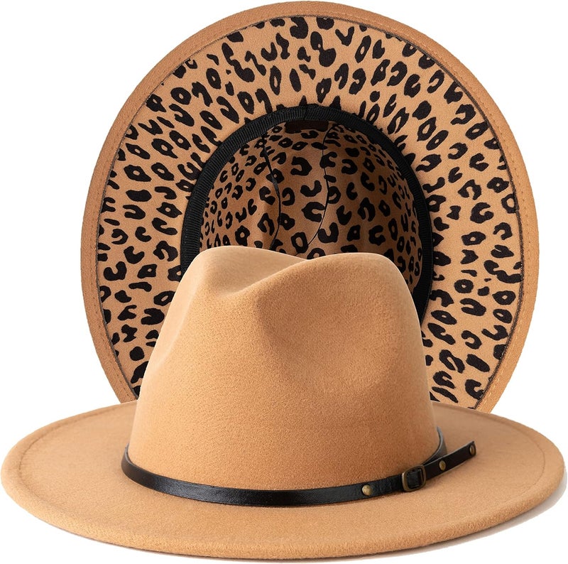 Gossifan Women Two Tone Wide Brim Fedora Felt Panama Hats Classic Belt Buckle - Image 1